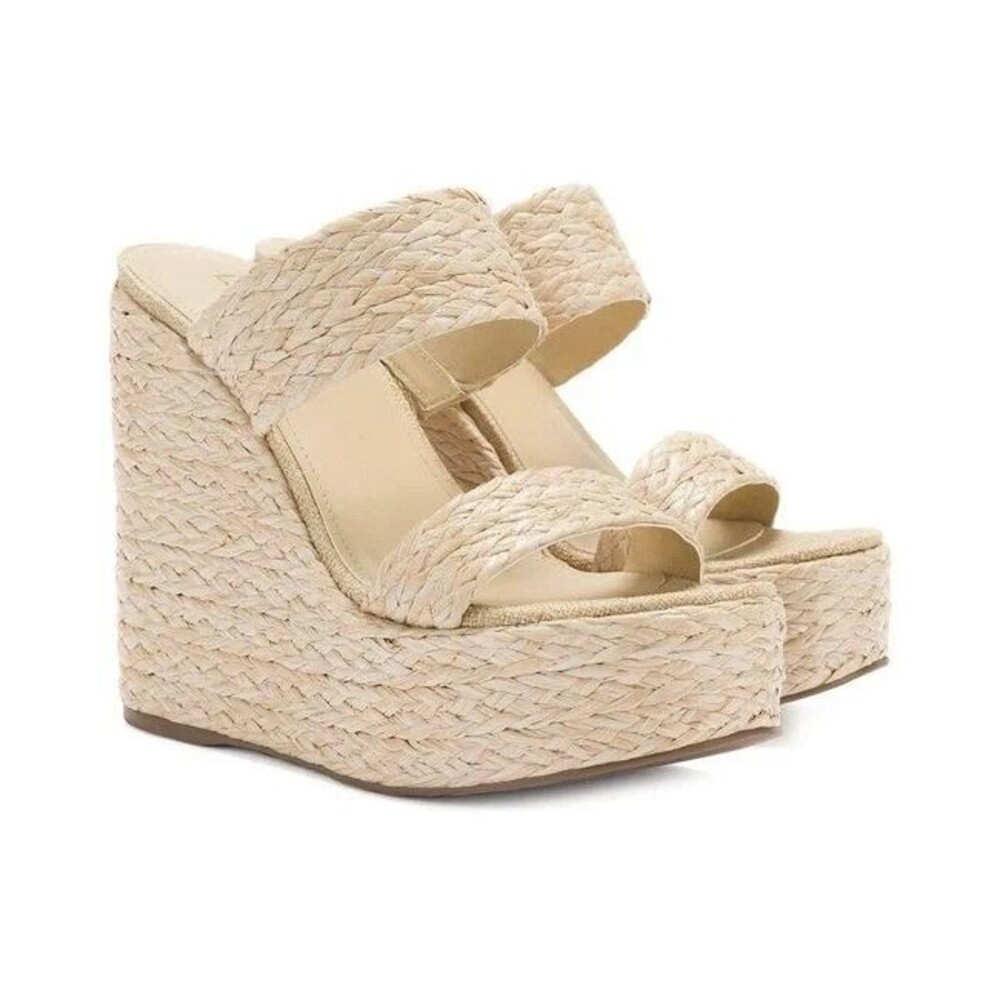 LARROUDE Women's Milan Wedge Raffia Espadrille Sandals Beige NEW $330 SZ 10